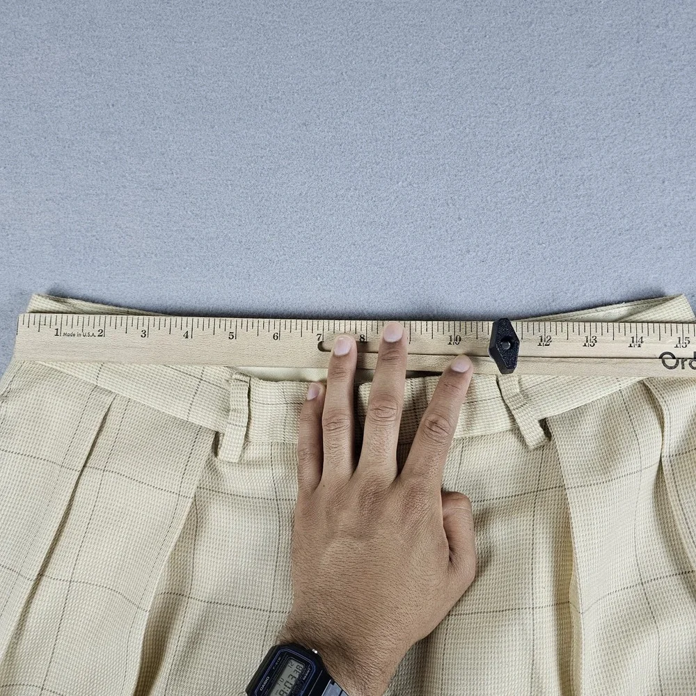 VTG Polo Ralph Lauren Pants Mens 31x26 Beige Windowpane Wool Pleated Cuffed USA